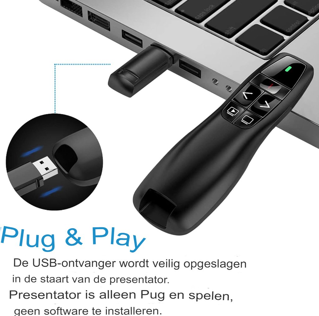 Draadloze PowerPoint presentatie clicker met laserpointer en USB-ontvanger, 30 meter bereik