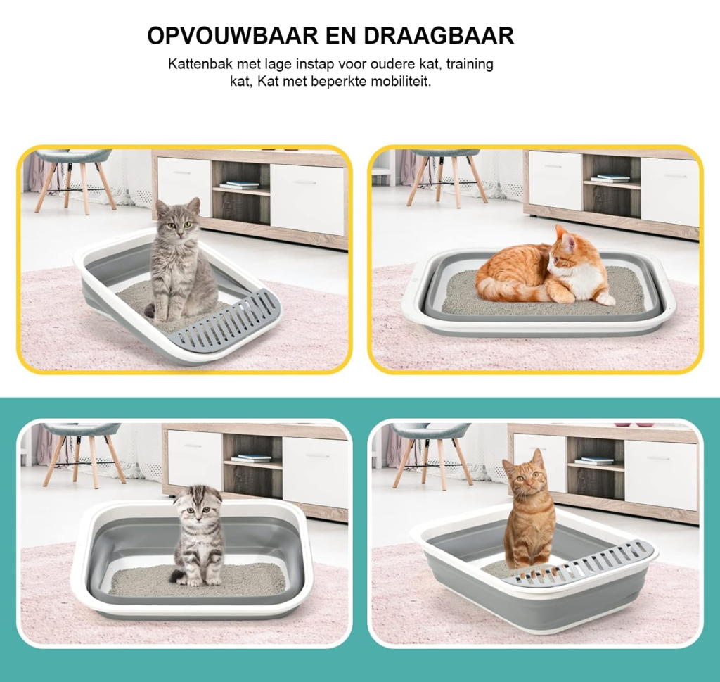 Lage open kattenbak met schep voor oudere katten en kittens