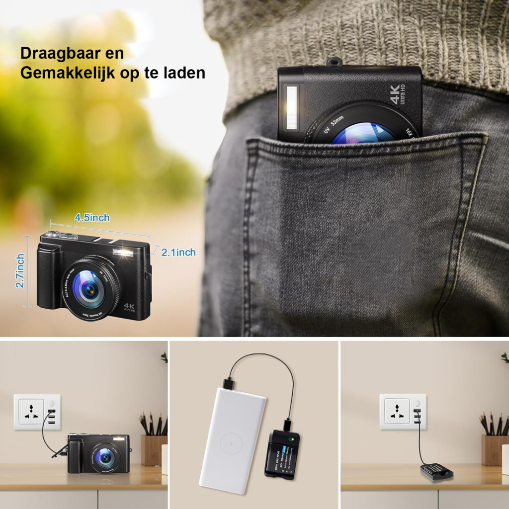 Digitale 4K camera met 48MP autofocus, 180° flip screen, 16x digitale zoom en 32GB geheugenkaart