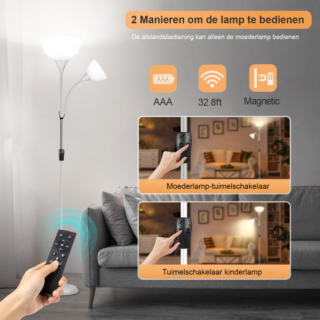 Vloerlamp met leeslamp, dimbare LED, 3 kleurtinten, afstandsbediening en timerfunctie, zilver