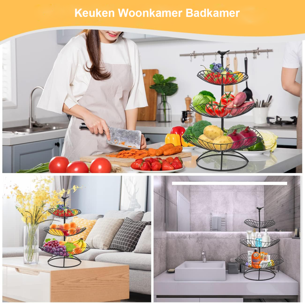 3-Laagse Fruittoren Zwart - Metalen Fruitmand Voor Fruit En Groenten - Fruitstand Met 3 Opbergbakken - 31 x 25 x 20 cm