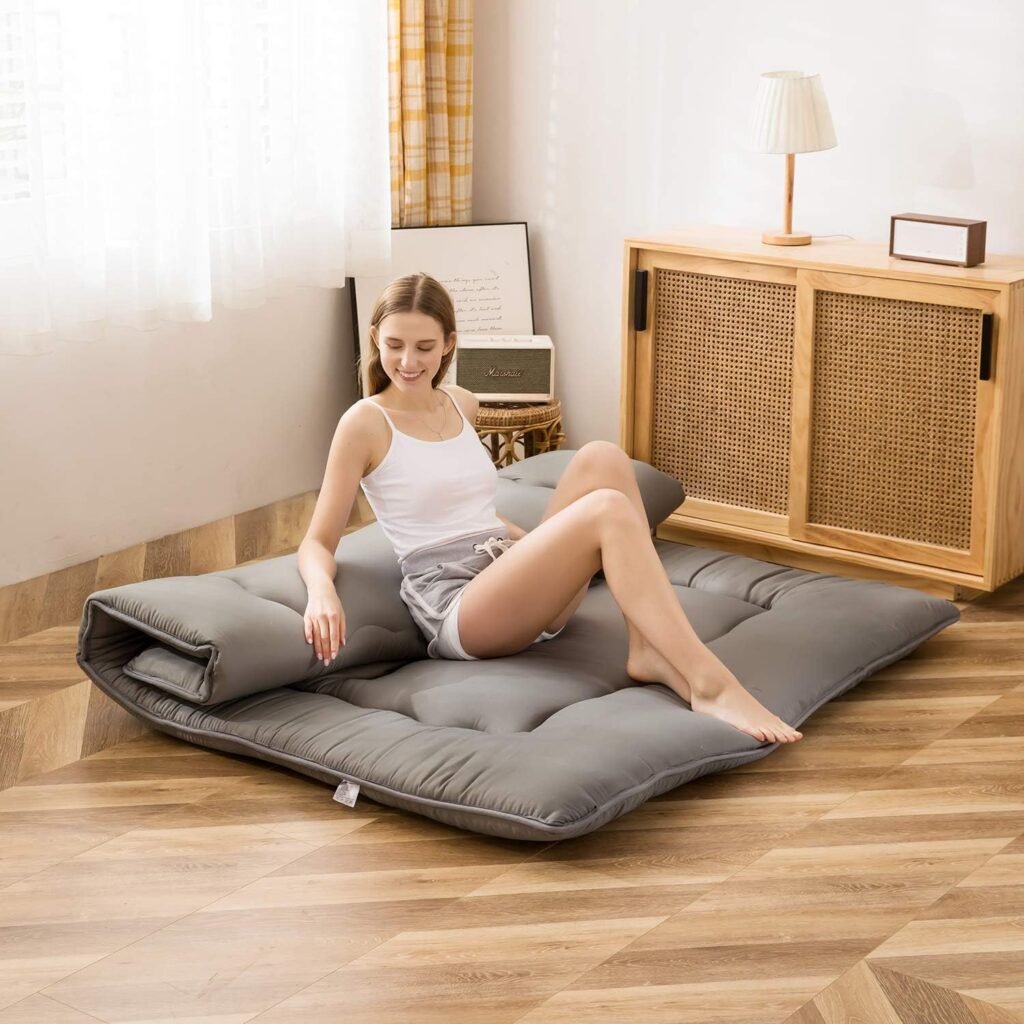 Opvouwbare Japanse futon 90x200 cm met hoofdkussen, rolbaar vloermatras in charcoal grijs voor slapen en logeren