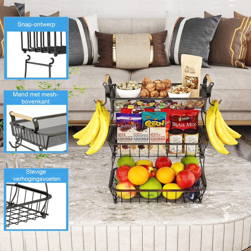Zwarte 3-laagse fruitmand met 2 bananenhangertjes en metalen mesh mand