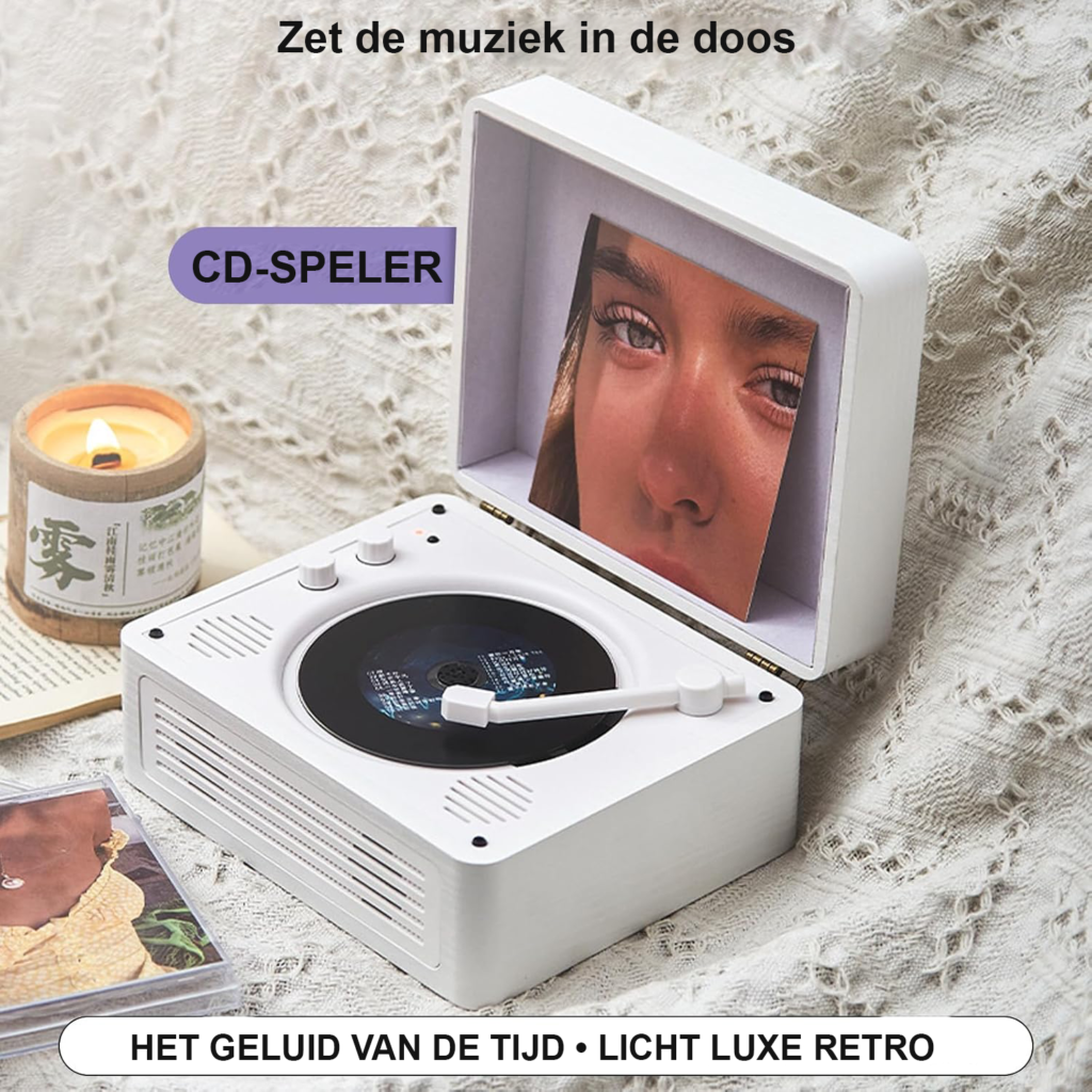 Witte houten draagbare CD-speler met Bluetooth 5.4 en Hi-Fi speakers