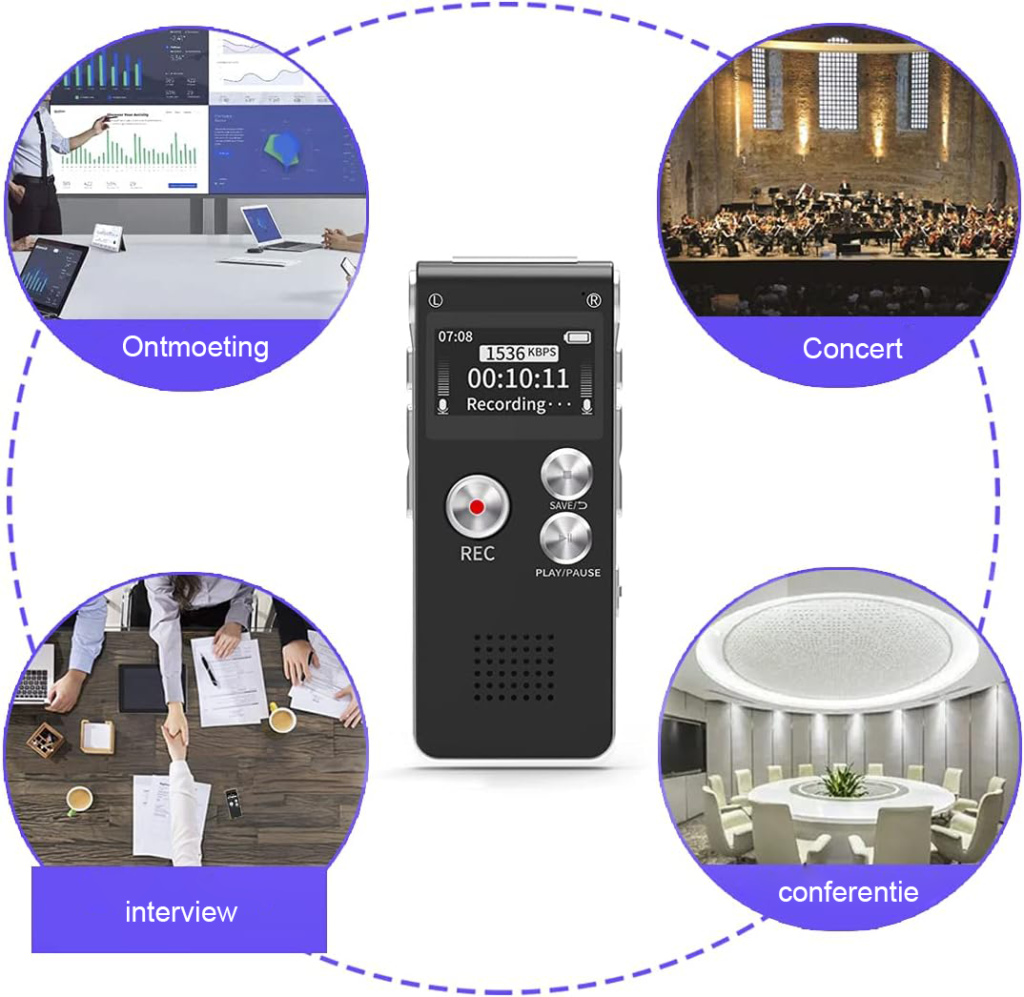 Digitale dictafoon voor interviews en notities, oplaadbare audiorecorder met hoge geluidskwaliteit