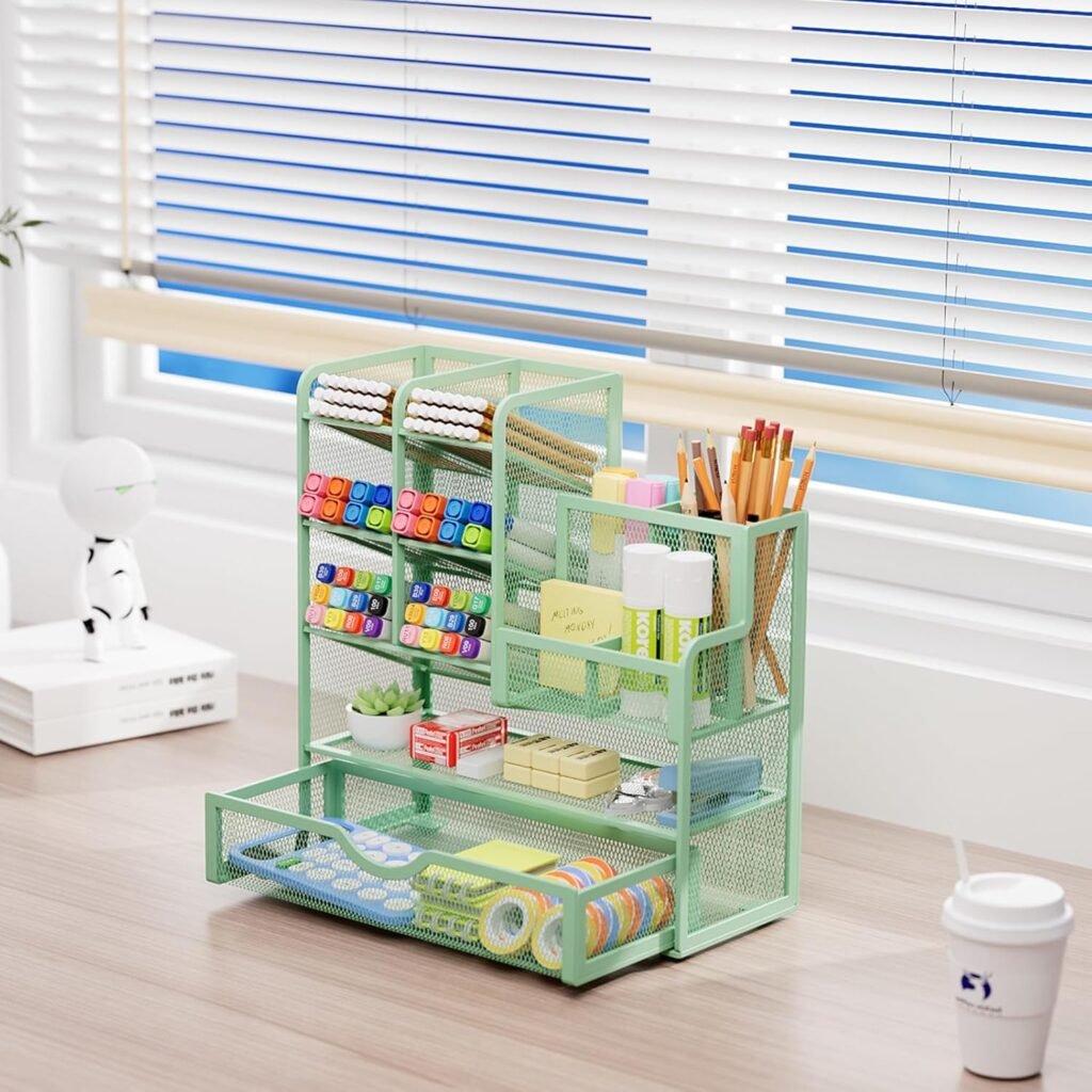 Groene metalen bureau organizer met pennenhouder, lade en opbergvakken voor thuis en kantoor