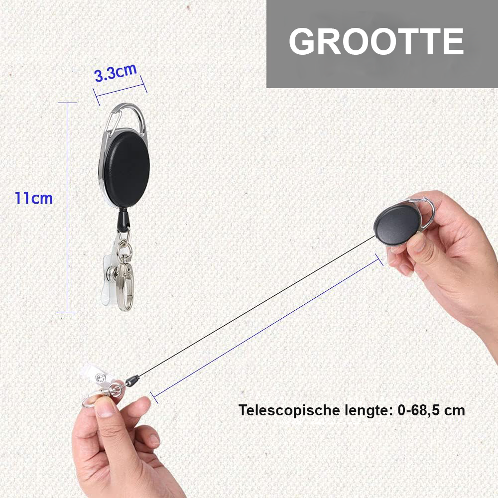 Intrekbare sleutelhanger met badgehouder en trekkoord in zwart duurzaam kunststof voor ID-kaarten en sleutels