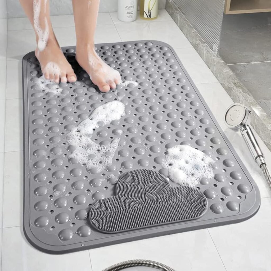 Douchemat antislip met zuignappen grijs 70x40 cm, wasbare massage badmat voor badkamer en douchevloer