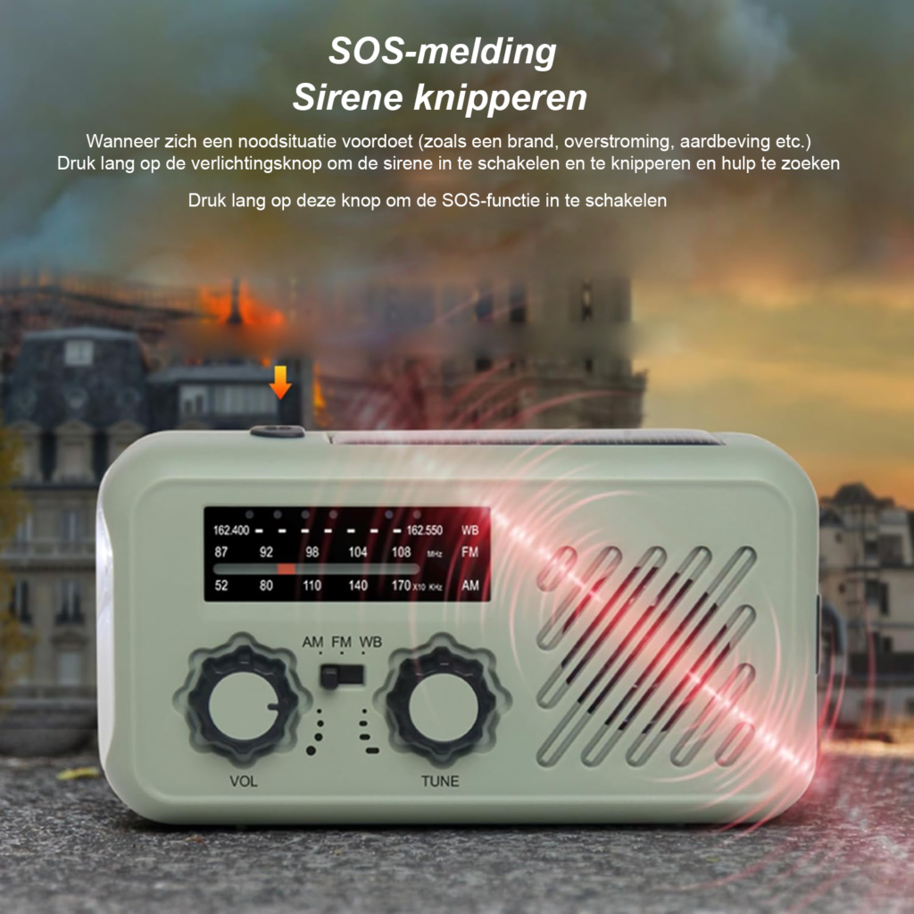 Draagbare noodradio met FM/AM, handcrank, zonne-energie, 2000mAh powerbank en LED zaklamp voor outdoor gebruik