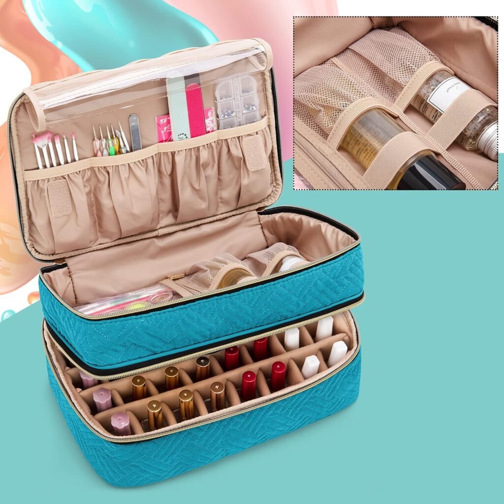 Nagellak Organizer Tas - Dubbellaags Opbergetui voor 40 Flesjes - Manicure Tool Opbergvakken - Tealkleur