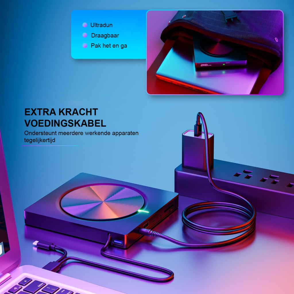 Externe CD/DVD speler met USB 3.0 en USB-C voor laptop en desktop met draagbare DVD brandfunctie en SD/TF slot