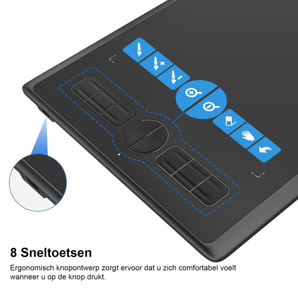 Digitaal Schrijftablet 8192 Drukniveaus - Batterijloze Tekentablet - Grafisch Ontwerp, Notities en Illustraties - Windows, macOS en Android - 8 Sneltoetsen