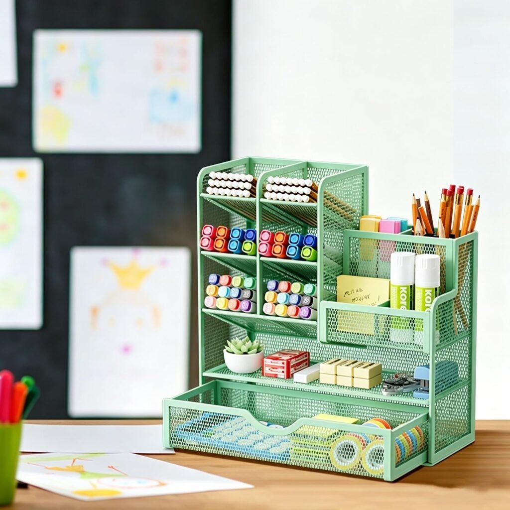 Groene metalen bureau organizer met pennenhouder, lade en opbergvakken voor thuis en kantoor