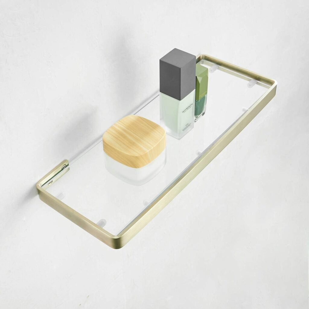 Glazen Wandplank voor Badkamer 45 cm - Zwevende Badkamerplank - Gehard Glas met Geborsteld Goud - Ruimtebesparende Opbergplank