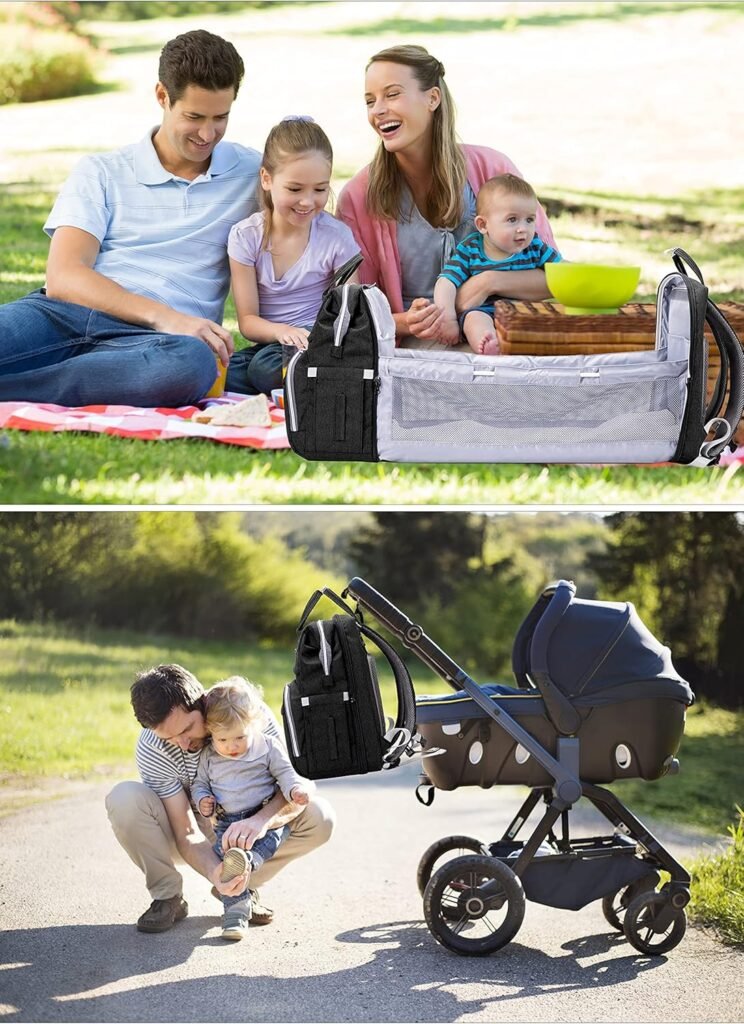 Luiertas rugzak - Grote capaciteit met opvouwbaar babybed - Draagbare babytas voor onderweg - Zwart