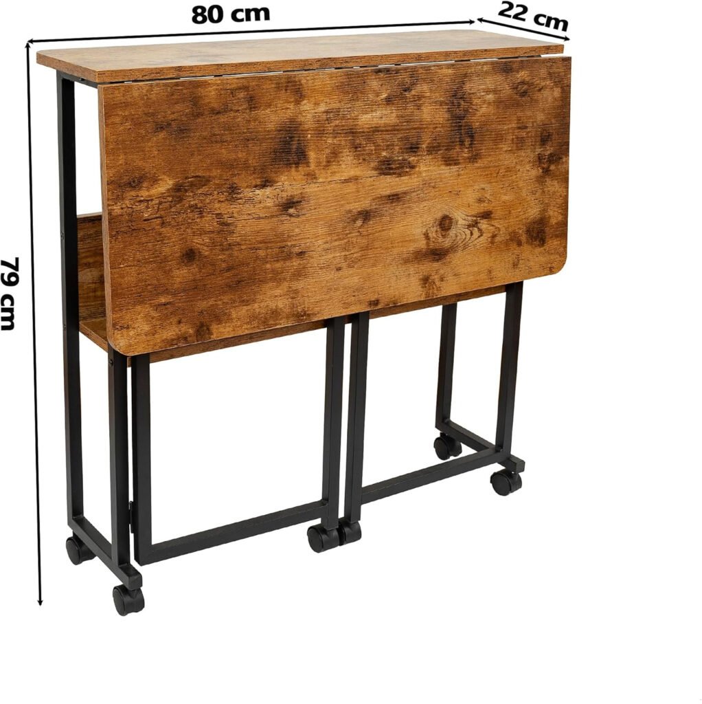 Opvouwbaar bureau met wielen donkerbruin met zijplank voor thuiswerkplek 80 x 58 x 75 cm