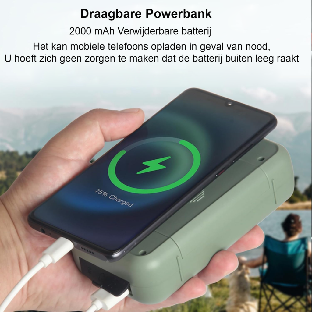 Draagbare noodradio met FM/AM, handcrank, zonne-energie, 2000mAh powerbank en LED zaklamp voor outdoor gebruik