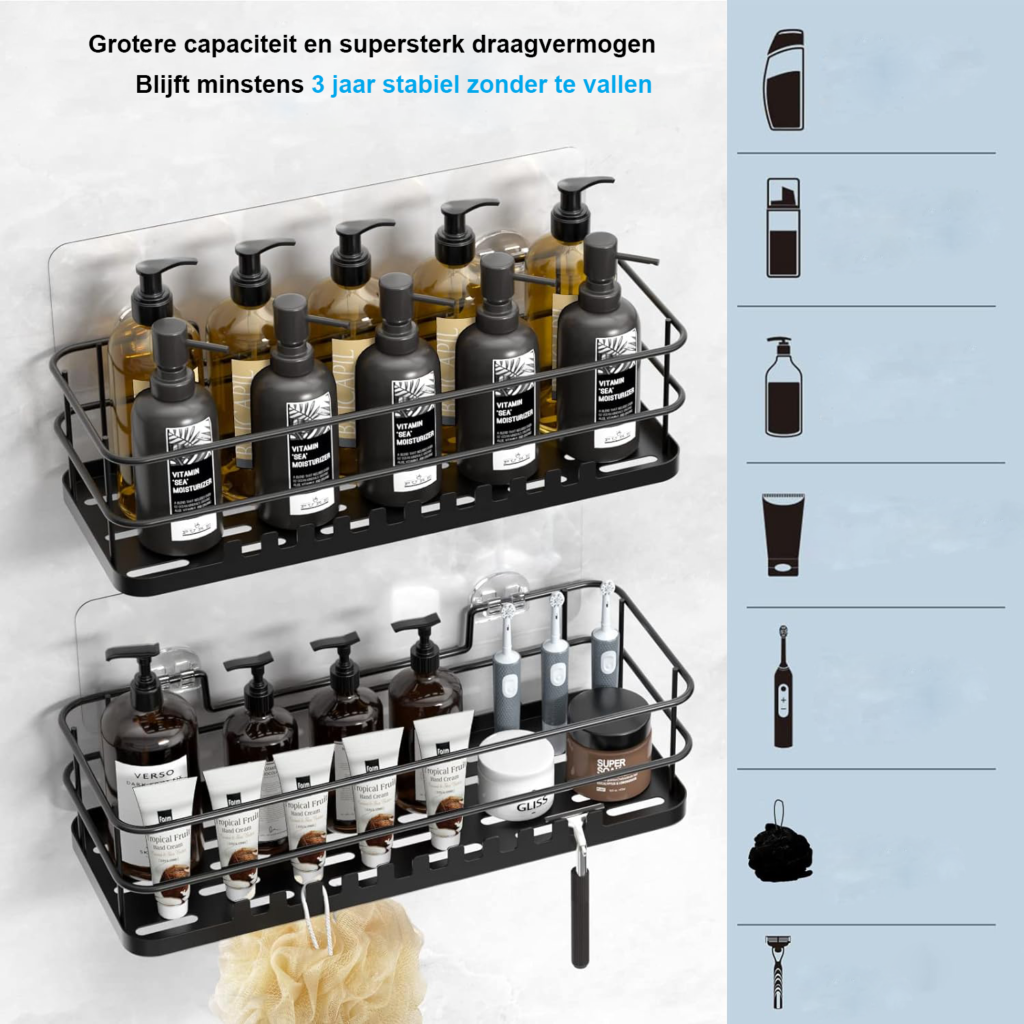 Zelfklevende badkamerhouder zonder boren voor shampoo en conditioner