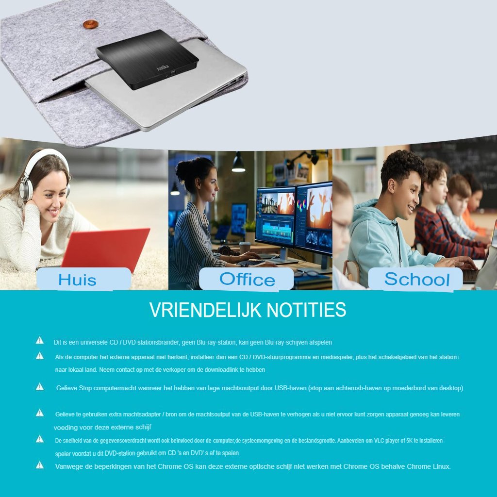 Externe DVD Brander USB 3.0 - Dunne CD/DVD Drive voor Laptop en Desktop - CD-RW/DVD-R - Compatibel met Windows en Mac OS