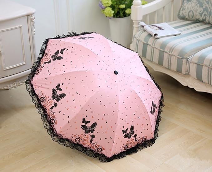 Opvouwbare parasol dames met kant en vlinderprint voor UV-bescherming en regenbescherming compact formaat