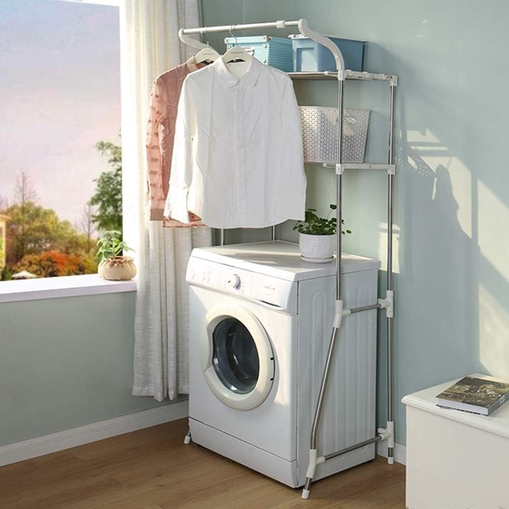 Opbergplank Boven Wasmachine - Opbergrek met 2 Planken en Hangstang - Ruimtebesparende Badkamer Organizer - 173 x 48 cm Ivoor