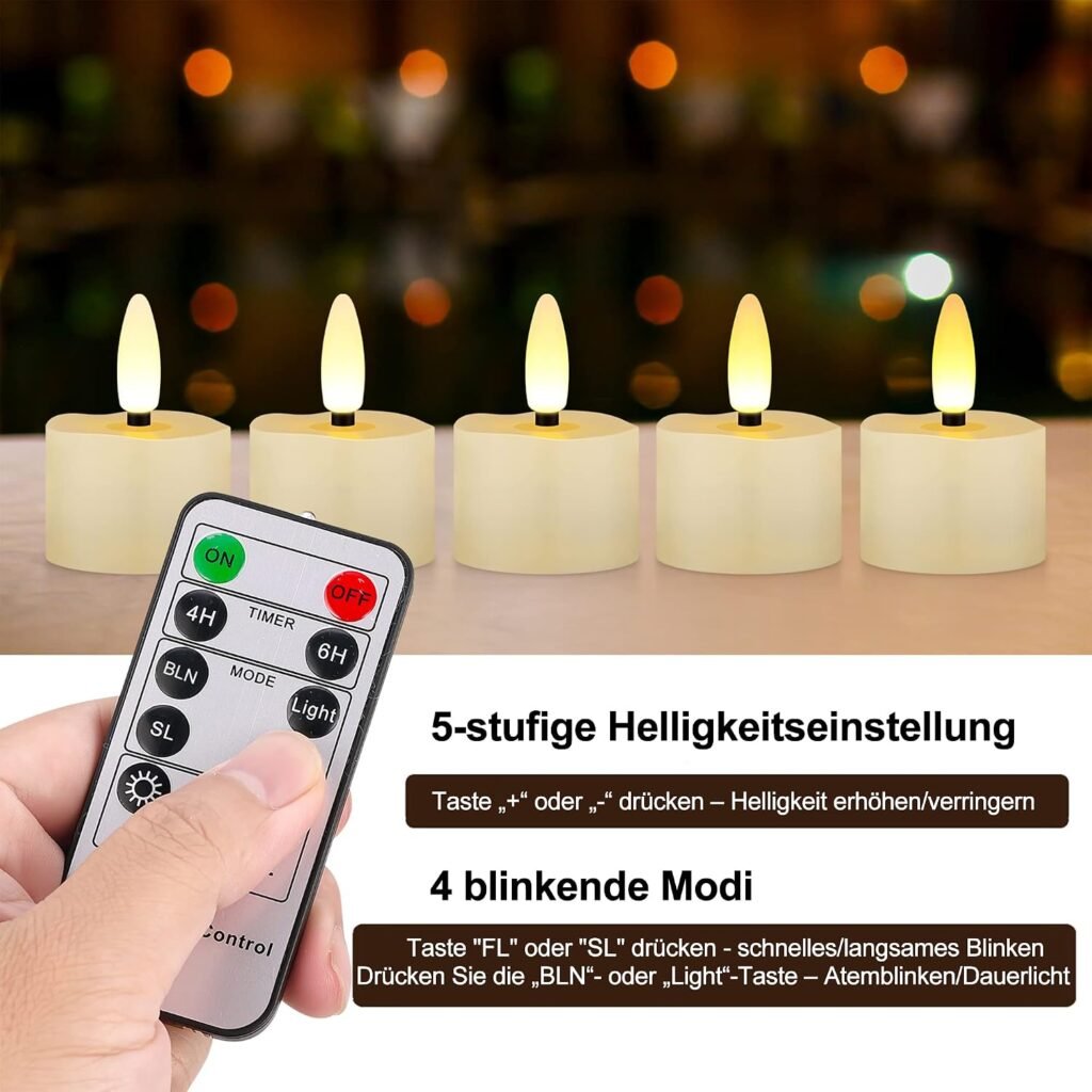 Set van 6 oplaadbare LED theelichtjes met timer, afstandsbediening en warm wit flikkerend licht