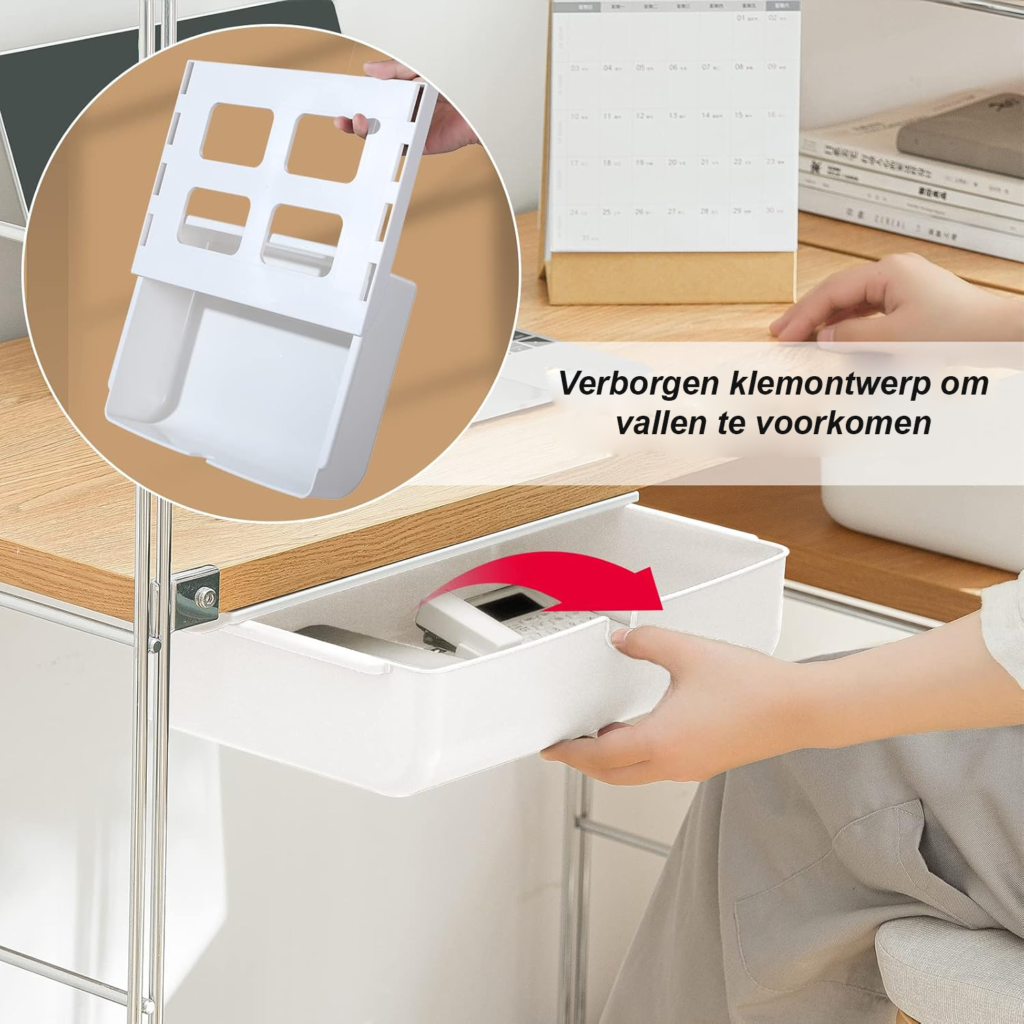 Zelfklevende lade onder bureau wit, verborgen lade organizer set van 2 voor kantoor en thuiswerkplek