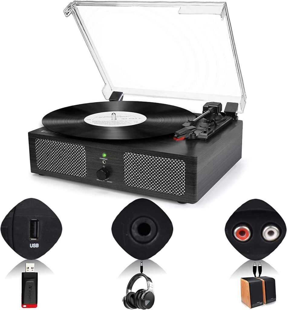 Platenspeler met Geïntegreerde Speakers - Bluetooth Draaitafel met Belt Drive - Vintage Grammofoon met Houten Behuizing - 3 Snelheden Zwart