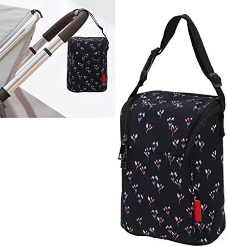 Thermische babyfles tas met isolerende fleshouder, waterdichte nylon opbergtas, bloemen zwart