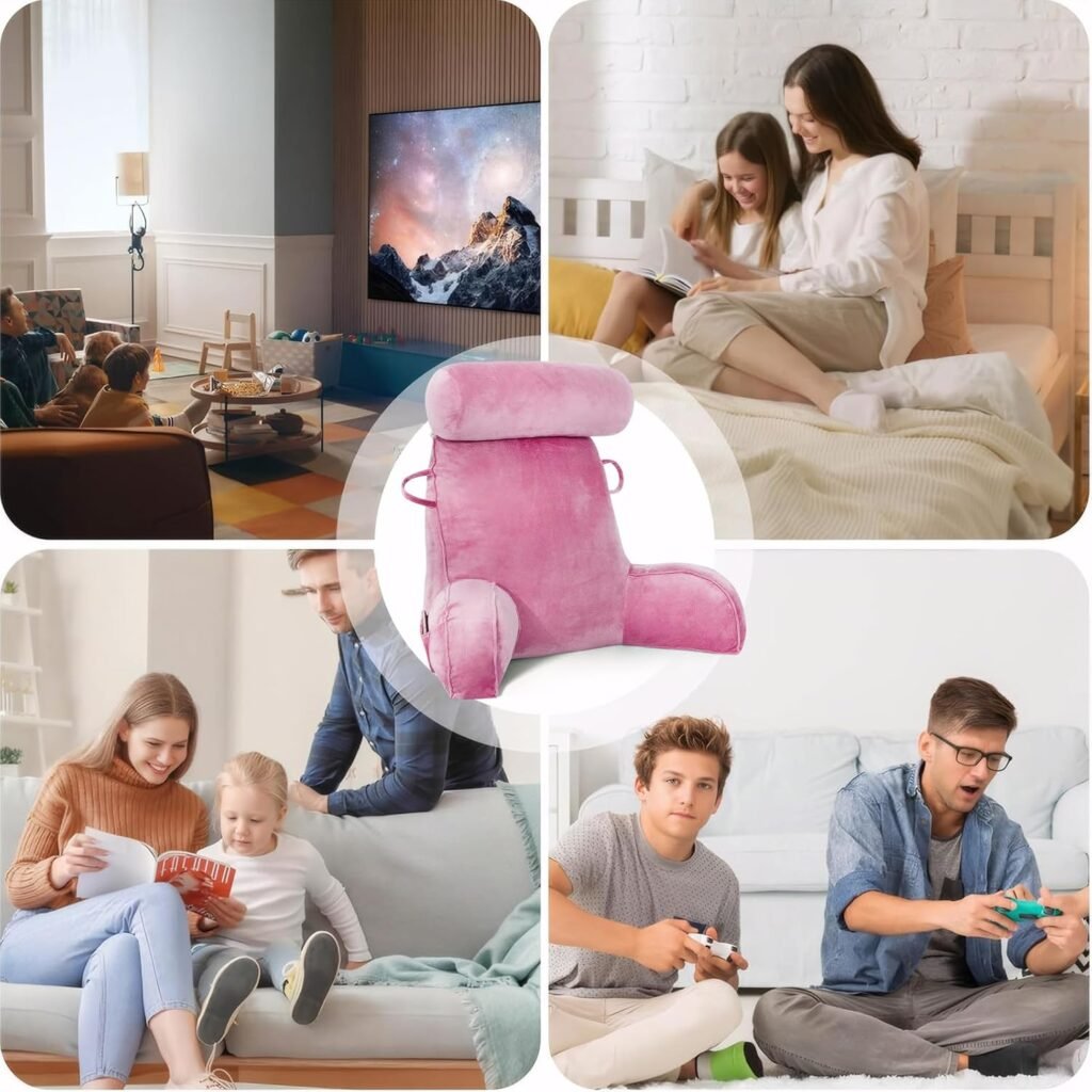 XL leeskussen met traagschuim rugsteun en afneembare nekrol voor bed en bank, 65 x 75 cm, roze
