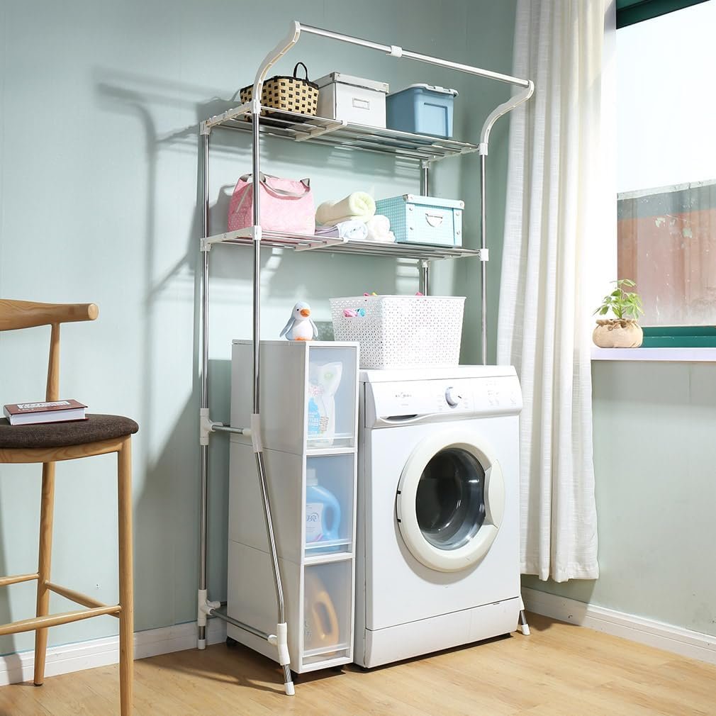 3-laags wasruimte rek met kledinghanger, verstelbaar opbergrek voor boven wasmachine of toilet, ivoor