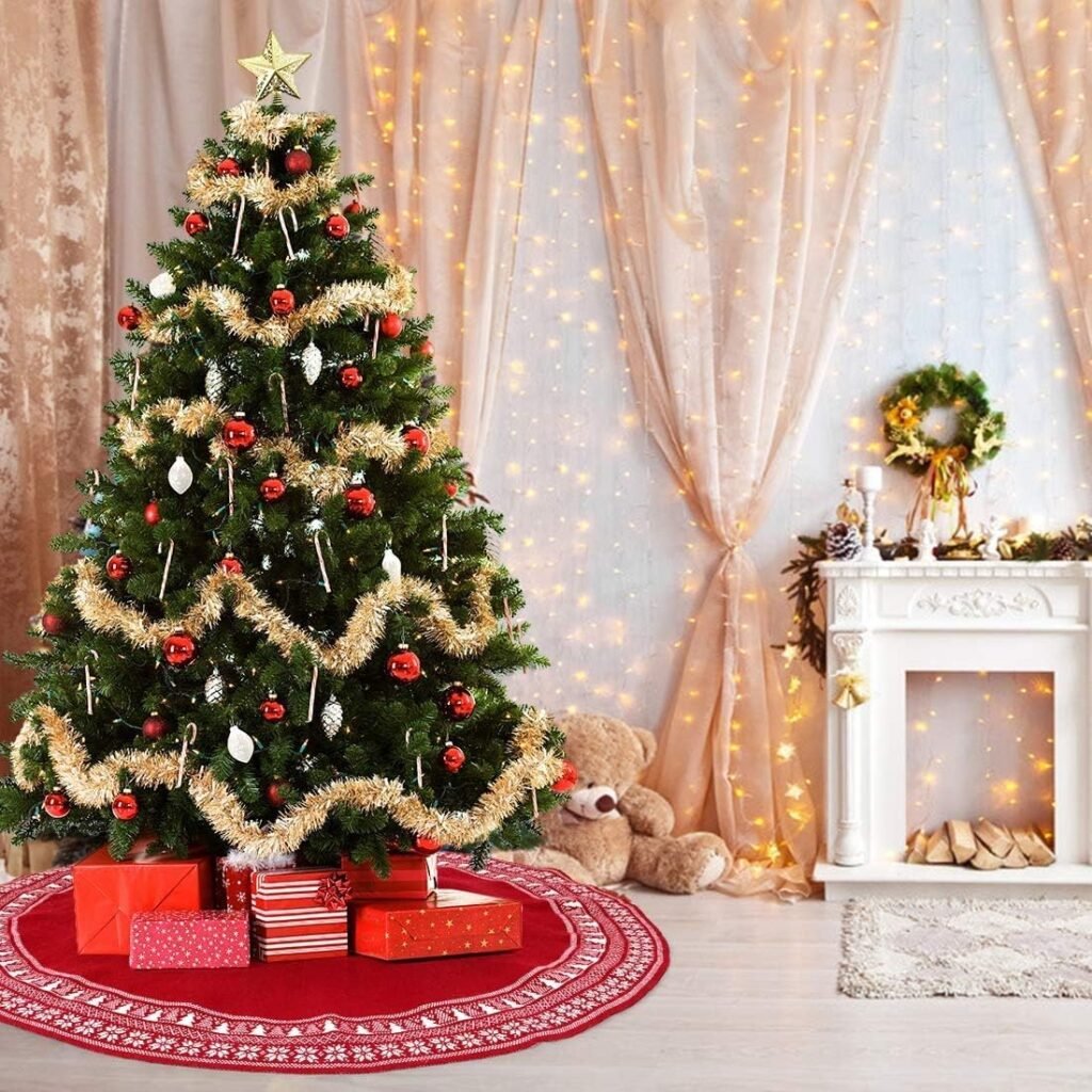 Bordeauxrood kerstboomkleed 122 cm met kabelbreisel en sneeuwvlokpatroon