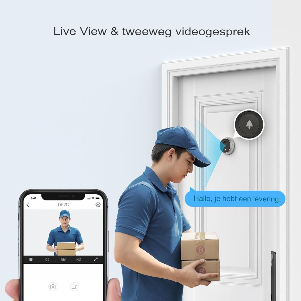 Video deurbel met camera, 2MP, 166° groothoek, PIR-sensor en 4,3 inch kleurenscherm