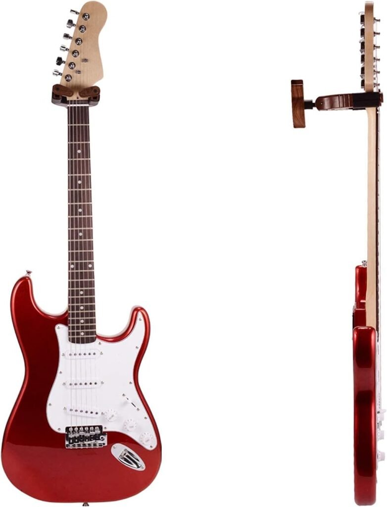 Gitaar wandhouder met automatisch sluitmechanisme en houten basis voor gitaar en basgitaar