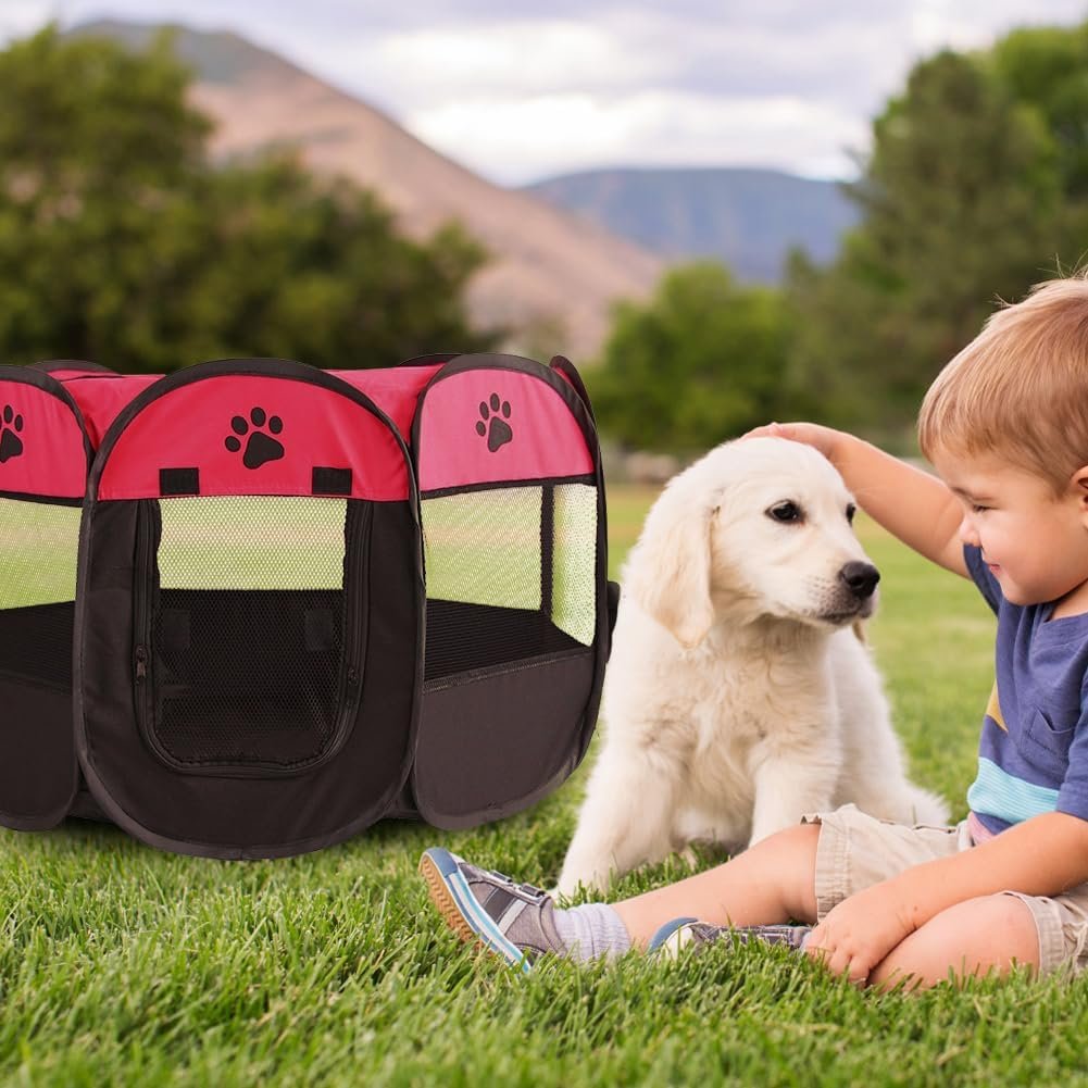 Opvouwbare puppyren met waterdichte hondenomheining en rode speelruimte voor puppies