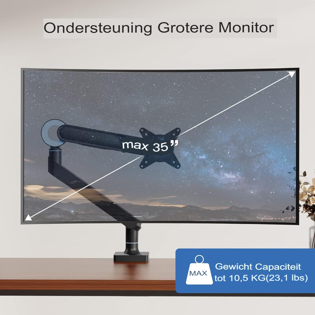 Verstelbare monitorbeugel met diverse montagemogelijkheden en instelbaar draagvermogen