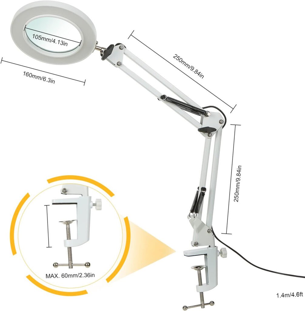 LED vergrootlamp met klem en 8x vergroting, verstelbare arm, 3 lichtkleuren en dimbare tafelverlichting voor hobby en werkplek