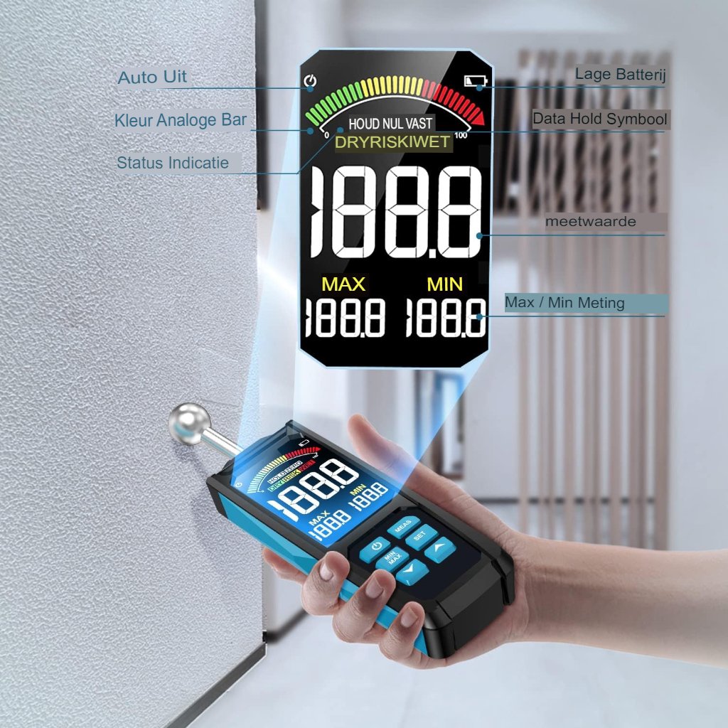 Vochtmeter Bouwmaterialen - Digitale Vochtmeter met HD Kleurendisplay - Diepteanalyse - Draagbaar en Compact - Voor Bouwprojecten