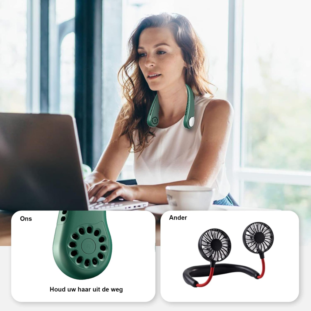 Draagbare groene halsventilator met bladeloze 360° luchtstroom, USB oplaadbare nekband en compact handsfree ontwerp