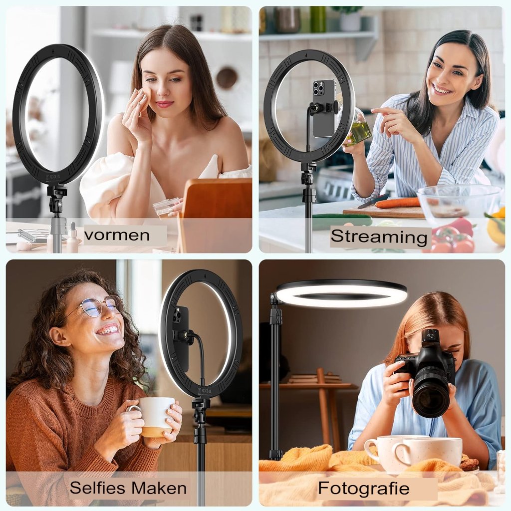 Verstelbaar ringlicht met diverse lichtstanden en afstandsbediening voor video-opnames en streaming