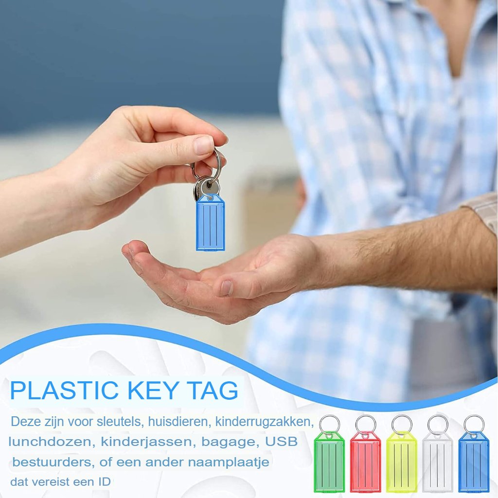 Set van 25 schrijfbare sleutelhangers in 5 kleuren met labels voor thuis, kantoor, huisdier en koffer