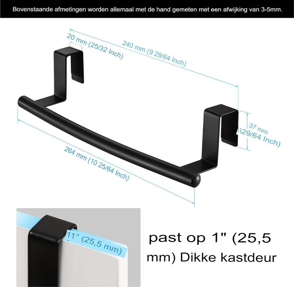 Theedoekhouder voor keukenkastdeur zwart – ruimtebesparende keukenhanddoekhouder