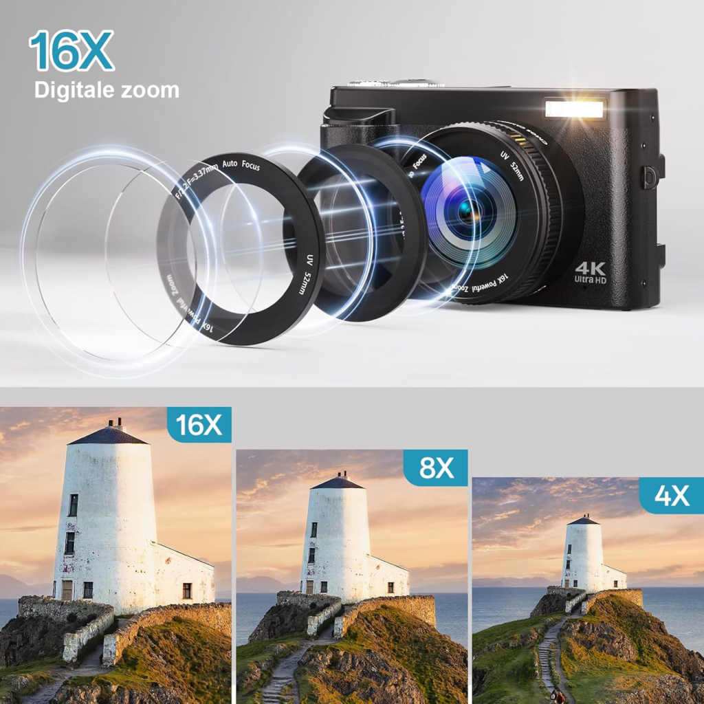 Digitale 4K camera met 48MP autofocus, 180° flip screen, 16x digitale zoom en 32GB geheugenkaart