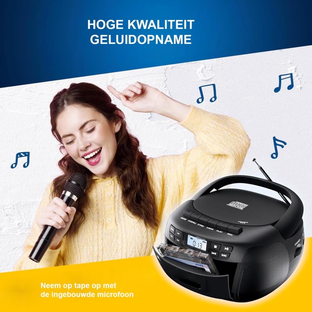 CD speler met cassette speler, AM/FM radio, Bluetooth, USB en AUX aansluiting