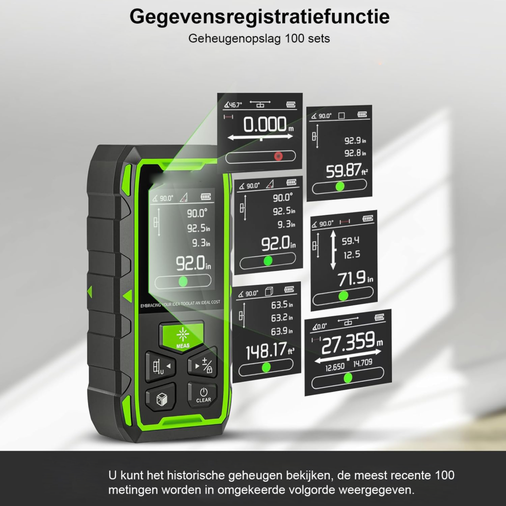 Maak kennis met de ultieme digitale laserafstandsmeting, een onmisbaar hulpmiddel voor zowel professionals als doe-het-zelvers. Met een bereik tot 396FT (ongeveer 120 meter) en tal van geavanceerde functies, is dit lasermeetinstrument ontworpen om de efficiëntie en nauwkeurigheid van al uw meetprojecten te verbeteren. Of u nu een huis aan het renoveren bent, een tuin aan het inrichten of gewoon de afmetingen van een ruimte wilt vastleggen, deze laserafstandsmeter levert de precisie die u nodig heeft. Het apparaat is uitgerust met twee waterpassen voor extra nauwkeurigheid, een verlicht LCD-scherm voor optimale zichtbaarheid, en verschillende meetmodi zoals oppervlakte- en volumemetingen. Dankzij de Pythagoras-modus kunt u zelfs indirecte afstanden meten, wat het ideaal maakt voor complexe meettaken. Dit apparaat is meer dan alleen een meetinstrument; het is een betrouwbare partner in al uw bouw- en renovatieprojecten. Voordelen Bereik tot 396FT voor veelzijdigheid Twee ingebouwde waterpassen voor extra precisie Verlicht LCD-scherm voor gemakkelijke aflezing Meetoppervlakte en volume moeiteloos Pythagoras-modus voor indirecte metingen Compact en draagbaar voor gebruik onderweg Hoogwaardige Laser Technologie voor Nauwkeurige Metingen De laserafstandsmeter maakt gebruik van geavanceerde lasertechnologie die zorgt voor nauwkeurige metingen tot 396FT. Deze technologie vermindert de kans op fouten die vaak optreden bij traditionele meetmethoden. De laserstraal is goed zichtbaar, zelfs in fel verlichte ruimtes, waardoor u met vertrouwen metingen kunt verrichten. Dit apparaat is perfect voor zowel binnen- als buitentoepassingen, waardoor het veelzijdig inzetbaar is voor diverse projecten, van bouw tot interieurontwerp. De nauwkeurigheid van het apparaat wordt gegarandeerd door het gebruik van moderne sensoren die zijn ontworpen voor precisie, wat leidt tot consistente en betrouwbare resultaten bij elk gebruik. Twee Waterpassen voor Verbeterde Nauwkeurigheid Dit meetinstrument is uitgerust met twee waterpassen, die u helpen bij het correct positioneren van het apparaat voor optimale metingen. Deze functie is essentieel voor projecten waar precisie van groot belang is, zoals bij het ophangen van planken of het installeren van verlichting. De waterpassen zijn eenvoudig af te lezen en stellen gebruikers in staat om recht en nauwkeurig te meten zonder extra hulpmiddelen. Dit zorgt voor een snellere en eenvoudigere meetervaring, en vermindert de kans op fouten die kunnen voortkomen uit een verkeerd geplaatste meter. Verlicht LCD-Scherm voor Gemakkelijke Aflezing Het digitale LCD-scherm is voorzien van achtergrondverlichting, wat het eenvoudig maakt om metingen af te lezen, zelfs bij weinig licht. Dit is bijzonder handig voor professionals die vaak in verschillende omgevingen werken, van slecht verlichte kamers tot buiten in de volle zon. De duidelijke en overzichtelijke interface maakt het eenvoudig om door de verschillende functies van het apparaat te navigeren, waardoor gebruikers snel en efficiënt kunnen werken. Met deze functie kunt u moeiteloos al uw meetwaarden aflezen zonder dat u zich zorgen hoeft te maken over het lichtniveau. Verschillende Meetmodi voor Veelzijdig Gebruik Deze laserafstandsmeter biedt verschillende meetmodi, waaronder afstandsmeting, oppervlakte- en volumemetingen. Dit maakt het apparaat ideaal voor uiteenlopende toepassingen, van het berekenen van de hoeveelheid verf die nodig is tot het bepalen van de juiste afmetingen voor meubels. De Pythagoras-modus is bijzonder nuttig voor het meten van indirecte afstanden, zoals de hoogte van een muur of de afstand tussen twee punten waar direct meten niet mogelijk is. Hierdoor kunnen gebruikers complexe metingen eenvoudig en snel uitvoeren zonder de noodzaak voor extra apparatuur. Compact en Draagbaar Ontwerp Het lasermeetinstrument is ontworpen met draagbaarheid in gedachten. Het is lichtgewicht en compact, waardoor het gemakkelijk in uw gereedschapskist of tas past. Dit maakt het ideaal voor gebruik op de bouwplaats of bij thuisprojecten. U kunt het apparaat eenvoudig meenemen, waar u ook naartoe gaat, en het is klaar voor gebruik wanneer dat nodig is. Het ergonomische ontwerp zorgt ervoor dat het comfortabel in de hand ligt, wat het gemakkelijker maakt om langere tijd te meten zonder vermoeid te raken. Verpakkingsinhoud 1 x Digitale Laserafstandsmeting 1 x Beschermhoes 1 x Handleiding 2 x Waterpassen Productspecificaties Meetbereik: Tot 396FT (ongeveer 120 meter) Meetmodi: Afstand, Oppervlakte, Volume, Pythagoras Scherm: Verlicht LCD Waterpassen: 2 ingebouwd Draagbaar en lichtgewicht ontwerp Kies voor precisie en gebruiksgemak – bestel vandaag nog uw digitale laserafstandsmeting en transformeer uw meetervaring!