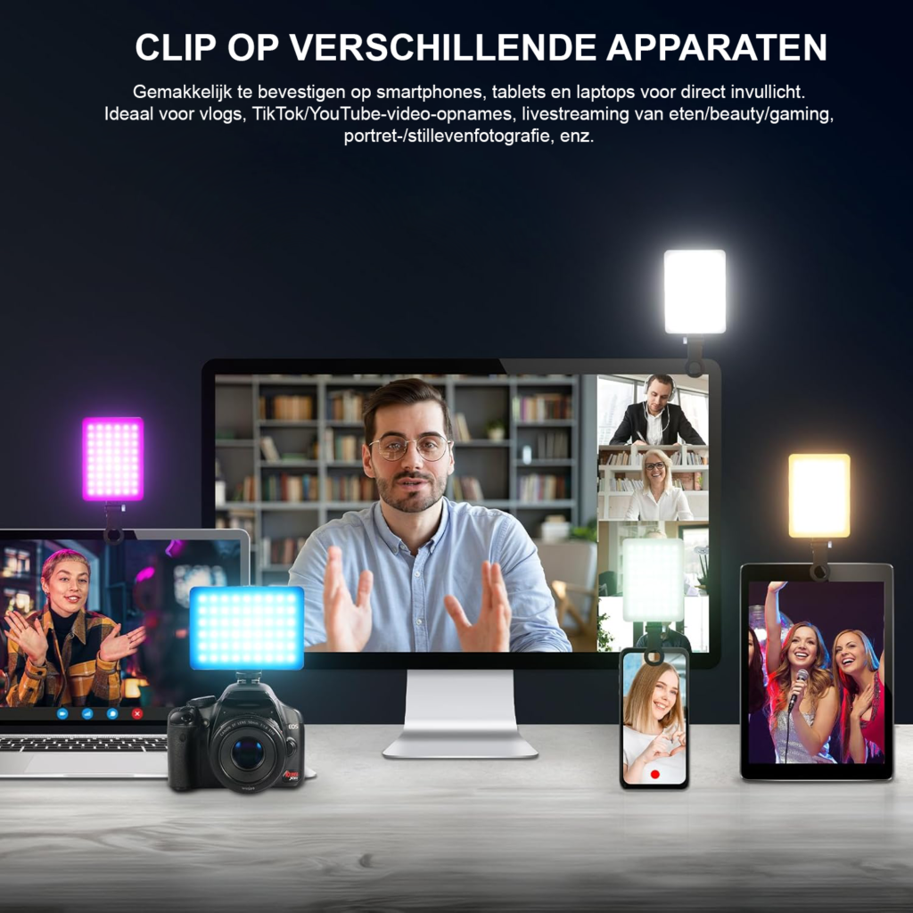 RGB selfie ringlamp met 94 LED’s, CRI97 en clip voor telefoon, laptop en camera, oplaadbare 2000 mAh accu
