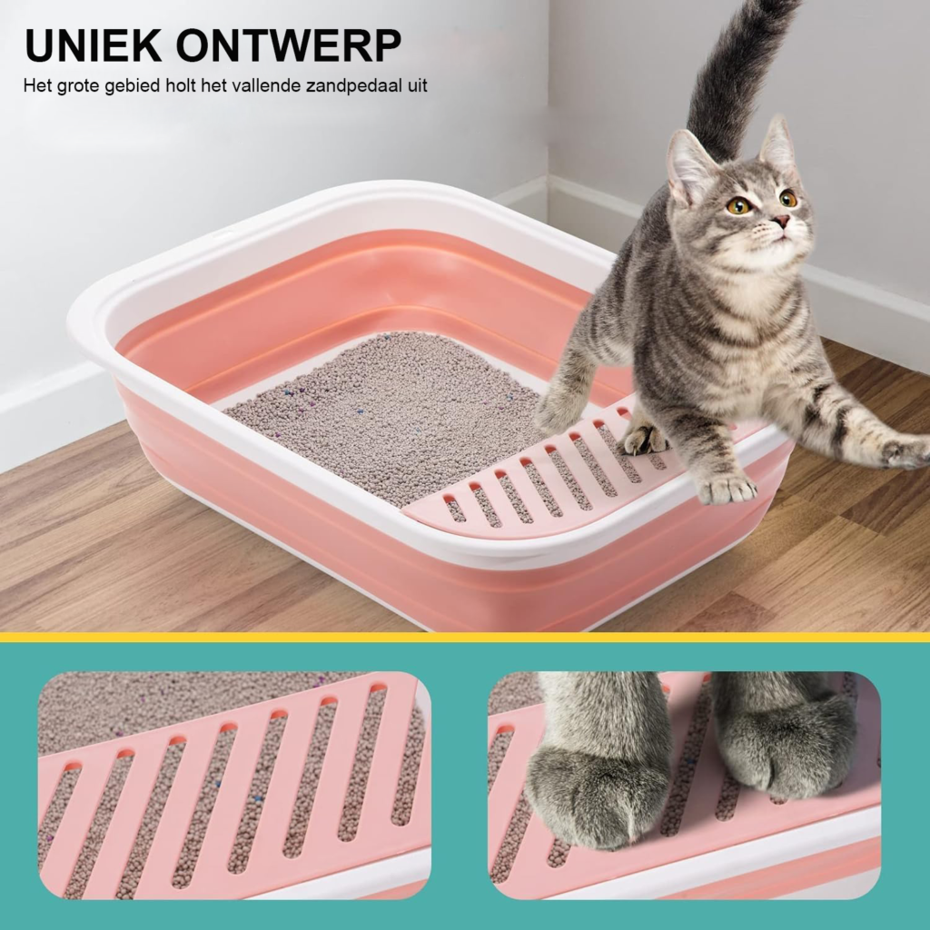 Lage open kattenbak met schep voor oudere katten, met eenvoudige toegang en zandopvang voor thuis of onderweg
