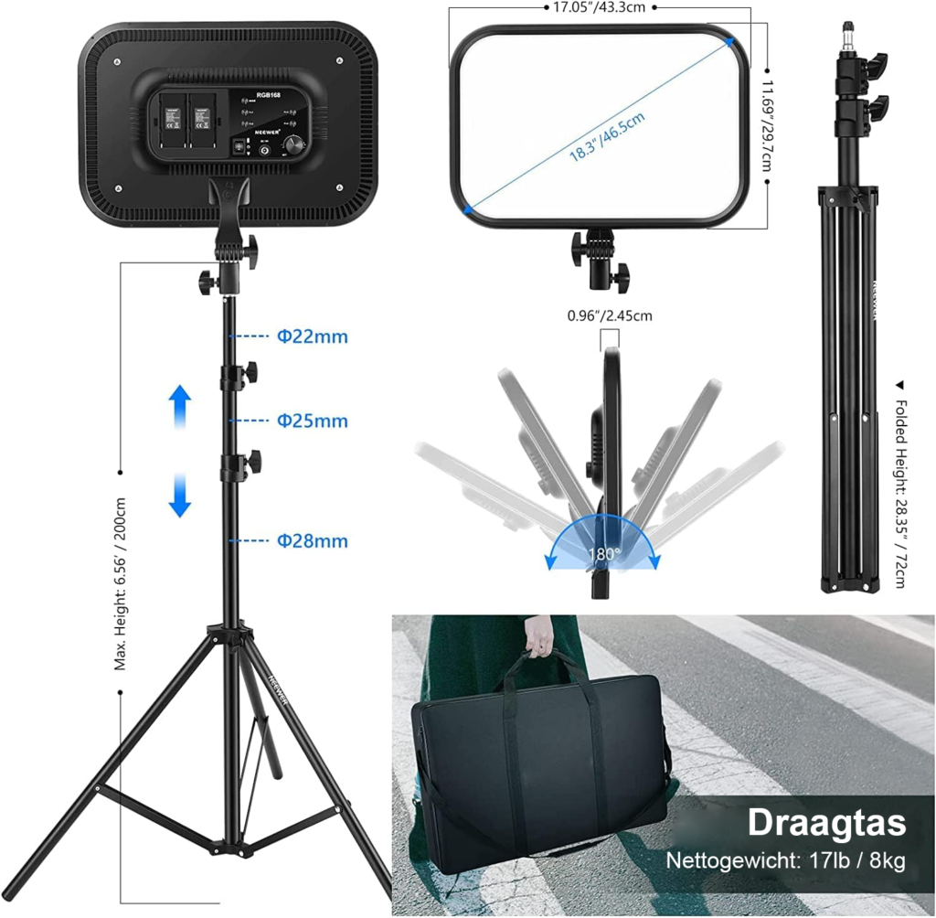RGB LED Paneel Set 18,3 inch - Dimbare Videolamp met Statief - App Besturing en 17 Scène-effecten - 60W, 2500K-8500K, CRI 97