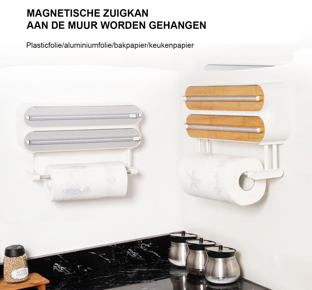 Houten vershoudfolie dispenser met magnetische aluminiumfoliehouder voor 3 rollen en scherp snijmes
