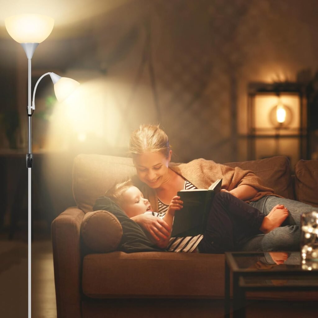 Vloerlamp met leeslamp, dimbare LED, 3 kleurtinten, afstandsbediening en timerfunctie, zilver